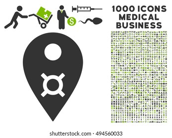 Currency Map Marker icon with 1000 medical commercial eco green and gray vector design elements. Clipart style is flat bicolor symbols, white background.