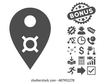 Currency Map Marker icon with bonus symbols. Vector illustration style is flat iconic symbols, gray color, white background.