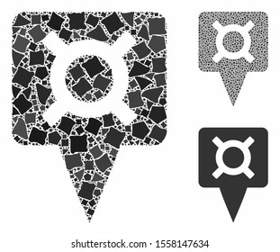 Currency map pointer composition of ragged parts in variable sizes and color tinges, based on currency map pointer icon. Vector ragged parts are composed into composition.