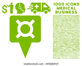 Currency Map Pointer icon with 1000 medical commerce eco green vector design elements. Design style is flat symbols, white background.