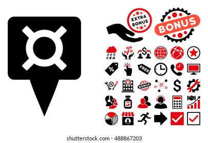 Currency Map Pointer icon with bonus clip art. Vector illustration style is flat iconic bicolor symbols, intensive red and black colors, white background.