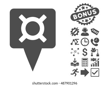 Currency Map Pointer pictograph with bonus images. Vector illustration style is flat iconic symbols, gray color, white background.