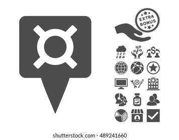 Currency Map Pointer pictograph with bonus pictograph collection. Vector illustration style is flat iconic symbols, gray color, white background.