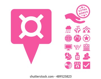Currency Map Pointer pictograph with bonus pictograph collection. Vector illustration style is flat iconic symbols, pink color, white background.