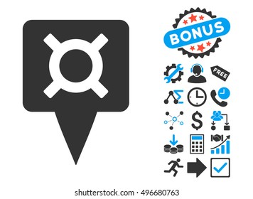 Currency Map Pointer pictograph with bonus design elements. Vector illustration style is flat iconic bicolor symbols, blue and gray colors, white background.