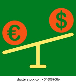 Currency Market vector icon. Style is bicolor flat symbol, orange and yellow colors, rounded angles, green background.