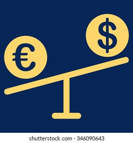 Currency Market vector icon. Style is flat symbol, yellow color, rounded angles, blue background.