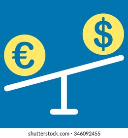 Currency Market vector icon. Style is bicolor flat symbol, yellow and white colors, rounded angles, blue background.