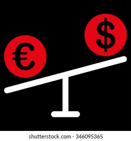 Currency Market vector icon. Style is bicolor flat symbol, red and white colors, rounded angles, black background.