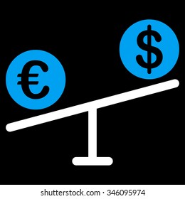 Currency Market vector icon. Style is bicolor flat symbol, blue and white colors, rounded angles, black background.