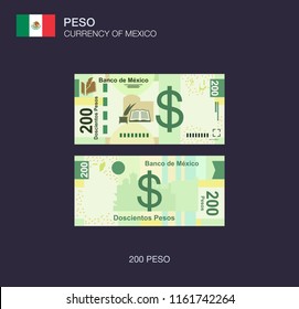 Currency of Mexico. Flat vector illustration of mexican two hundred peso. 