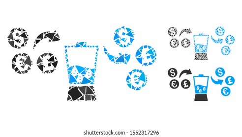 Currency mixer composition of humpy items in various sizes and color tones, based on currency mixer icon. Vector rugged items are combined into composition.