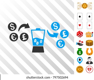 Currency Mixer pictograph with bonus casino images. Vector illustration style is flat iconic symbols. Designed for gambling websites.