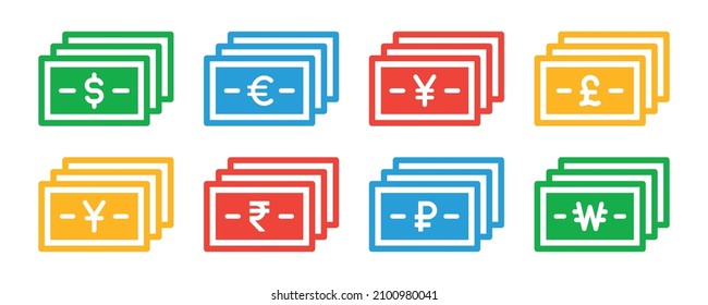 Currency money banknote icon set. Us dollar, Euro, Japanese yen, British pound, Indian rupee, ruble, Chinese yuan and won paper money icon.