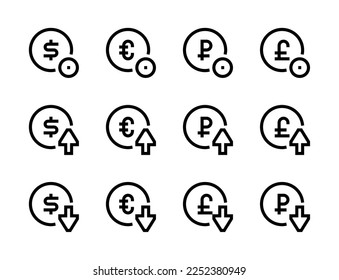 Währungs- und Geldzirkulation Linie Vektorsymbole. Dollar, Euro, Rubel und Britisches Pfund in einem Kreis editierbares Schlaganfallskorb Symbol gesetzt.