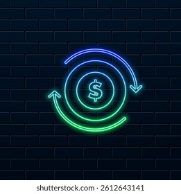 currency money dollar with arrows line style icon. neon style.Cash back coin icon. Icon illustration for refund.