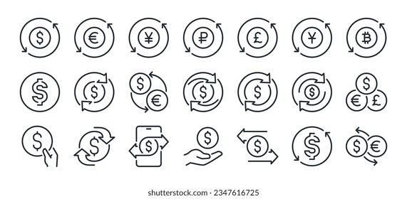 Currency and money exchange editable stroke outline icon isolated on white background flat vector illustration. Pixel perfect. 64 x 64.