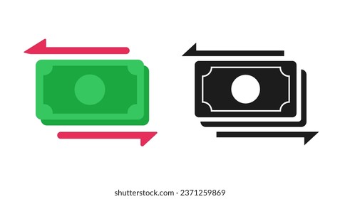 Icono de cambio de moneda gráfico vectorial glifo, cambio de efectivo simple símbolo de símbolo de silueta verde plano, finanzas flechas de recambio blanco negro ilustración clipart