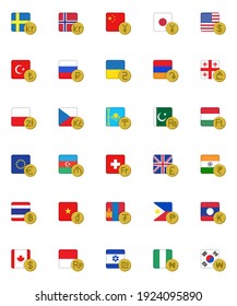 Currency money with flag collection, foreign money flat icons set, Colorful symbols pack contains - USD, Canadian dollar, Russian ruble, Chinese yuan, GBP, JPY . Vector illustration. Flat style design