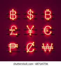 Currency neon symbols set on the red background. Vector illustration