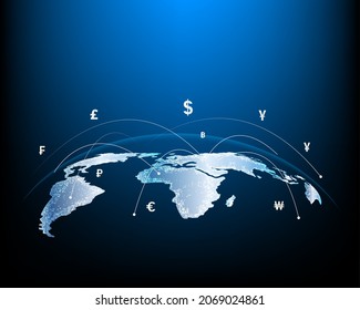 Currency network and money transfers and currency exchanges between countries of the world