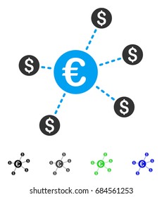 Currency Network Nodes flat vector illustration. Colored currency network nodes gray, black, blue, green pictogram variants. Flat icon style for application design.