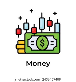 Currency note and coin with candlestick chart showing concept icon of money trading