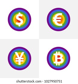 Currency on gay flag - icon set. Euro, dollar, yen and bitcoin on gay flags. Celebrate money diversity. Donate to gay pride. Freedom signs. 