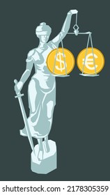 Currency on the scales of Themis. US dollar and euro euro equality symbol, exchange rate equalization concept. Vector illustration