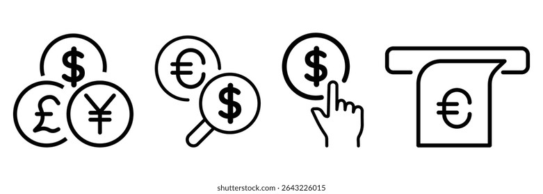 Currency options selection magnifying ATM money search banking payment economy finance transaction symbol icon vector illustration design set.