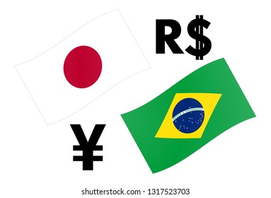 currency pair vector illustration. Japan and Brazil flag, with Yen and Real cifrao symbol.