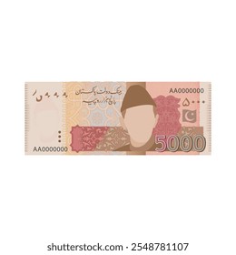 Moneda de Pakistán. Cinco mil rupias, papel moneda 5000 PKR Ilustración vectorial plana