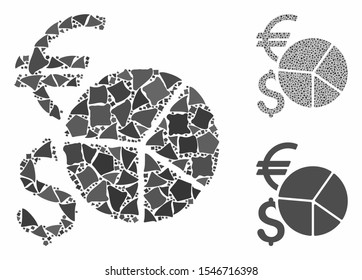 Currency pie chart composition of trembly items in different sizes and color tones, based on currency pie chart icon. Vector unequal items are composed into composition.