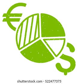 Currency Pie Chart grainy textured icon for overlay watermark stamps. Flat symbol with dirty texture. Dotted vector eco green ink rubber seal stamp with grunge design on a white background.