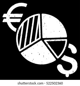 Currency Pie Chart grainy textured icon for overlay watermark stamps. Flat symbol with dust texture. Dotted vector white ink rubber seal stamp with grunge design on a black background.