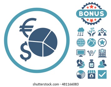 Currency Pie Chart icon with bonus. Vector illustration style is flat iconic bicolor symbols, cyan and blue colors, white background.