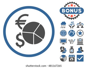 Currency Pie Chart icon with bonus. Vector illustration style is flat iconic bicolor symbols, cobalt and gray colors, white background.