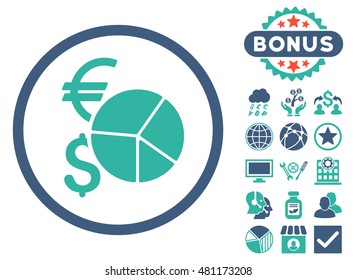 Currency Pie Chart icon with bonus. Vector illustration style is flat iconic bicolor symbols, cobalt and cyan colors, white background.