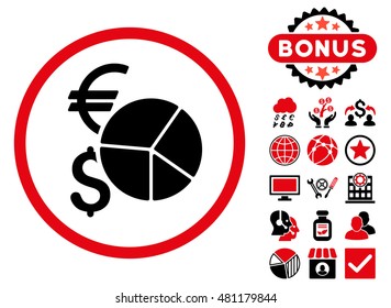 Currency Pie Chart icon with bonus. Vector illustration style is flat iconic bicolor symbols, intensive red and black colors, white background.