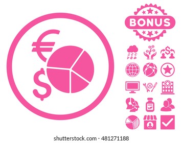Currency Pie Chart icon with bonus. Vector illustration style is flat iconic symbols, pink color, white background.