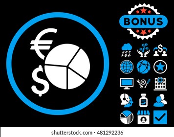 Currency Pie Chart icon with bonus. Vector illustration style is flat iconic bicolor symbols, blue and white colors, black background.