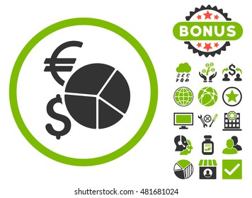 Currency Pie Chart icon with bonus. Vector illustration style is flat iconic bicolor symbols, eco green and gray colors, white background.