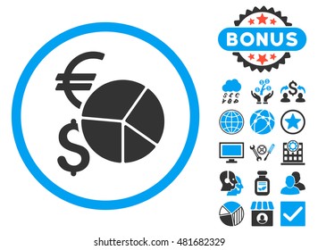 Currency Pie Chart icon with bonus. Vector illustration style is flat iconic bicolor symbols, blue and gray colors, white background.