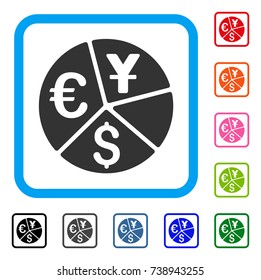 Currency Pie Chart icon. Flat gray iconic symbol inside a light blue rounded square. Black, gray, green, blue, red, orange color variants of Currency Pie Chart vector.