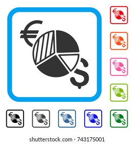 Currency Pie Chart icon. Flat grey pictogram symbol inside a light blue rounded square. Black, gray, green, blue, red, orange color additional versions of Currency Pie Chart vector.