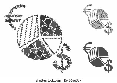 Currency pie chart mosaic of abrupt items in different sizes and color tones, based on currency pie chart icon. Vector bumpy items are organized into collage.