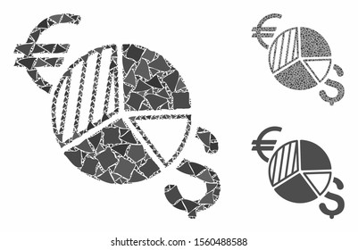Currency pie chart mosaic of unequal elements in variable sizes and color tints, based on currency pie chart icon. Vector ragged elements are grouped into collage.