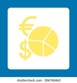 Currency Pie Chart vector icon. This flat rounded square button uses yellow and white colors and isolated on a blue background.