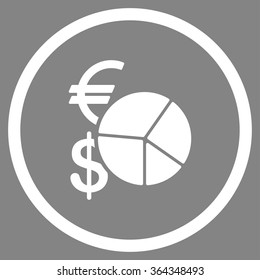 Currency Pie Chart vector icon. Style is flat circled symbol, white color, rounded angles, gray background.