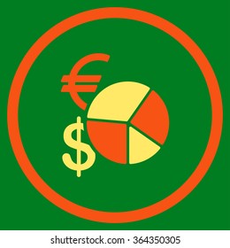 Currency Pie Chart vector icon. Style is bicolor flat circled symbol, orange and yellow colors, rounded angles, green background.